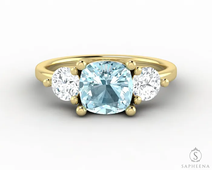 Rings Sapheena Jewelry Orion Three Stone 15ct Cushion Cut Natural Aquamarine Engagement Ring