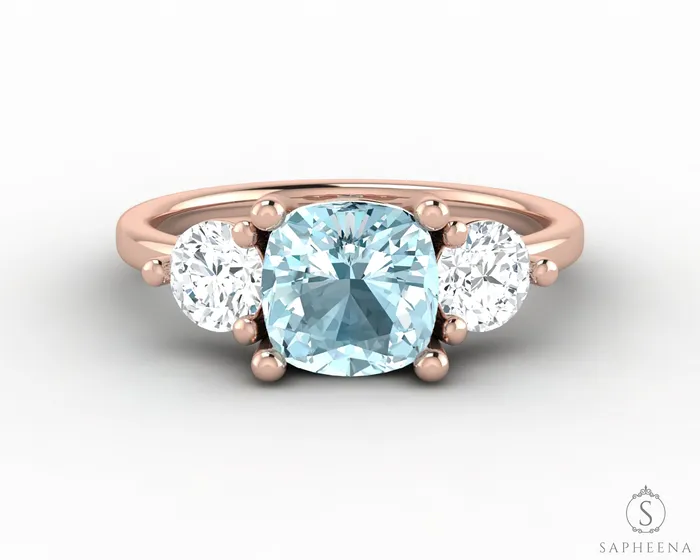 Rings Sapheena Jewelry Orion Three Stone 15ct Cushion Cut Natural Aquamarine Engagement Ring