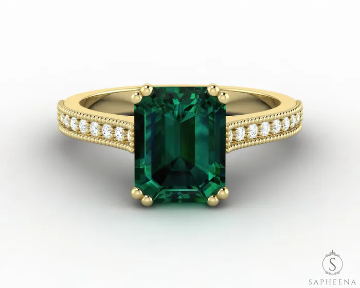Rings Sapheena Jewelry Thea 20 Ct Emerald Cut Green Emerald Engagement Ring with Side Stones Rings Sapheena Jewelry Thea 20 Ct Emerald Cut Green Emerald Engagement Ring with Side Stones