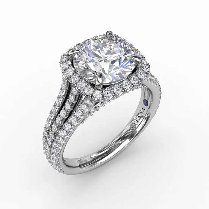 Round Diamond Engagement Ring With CushionShaped Halo and TripleRow Diamond Band FANA Rings Round Diamond Engagement Ring With CushionShaped Halo and TripleRow Diamond Band FANA Rings