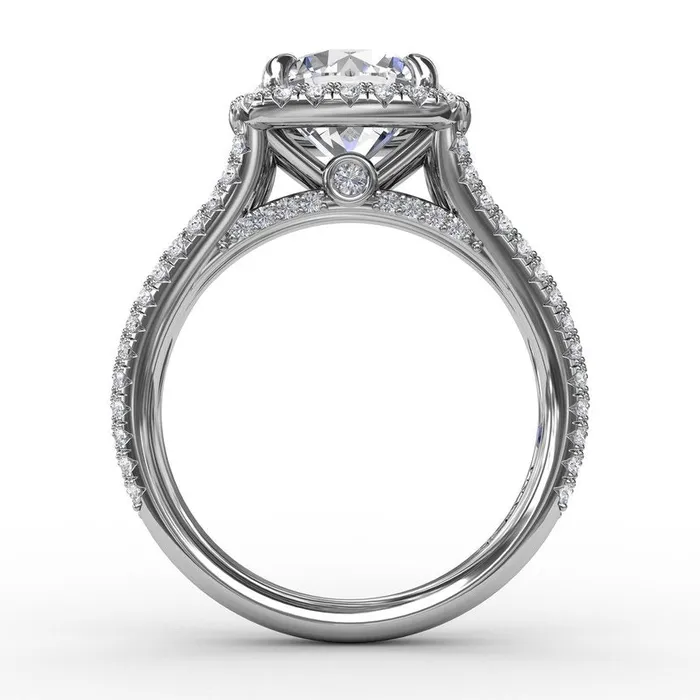 Round Diamond Engagement Ring With CushionShaped Halo and TripleRow Diamond Band FANA Rings Round Diamond Engagement Ring With CushionShaped Halo and TripleRow Diamond Band FANA Rings
