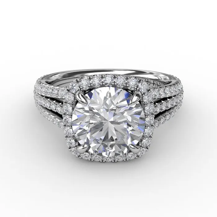 Round Diamond Engagement Ring With CushionShaped Halo and TripleRow Diamond Band FANA Rings Round Diamond Engagement Ring With CushionShaped Halo and TripleRow Diamond Band FANA Rings