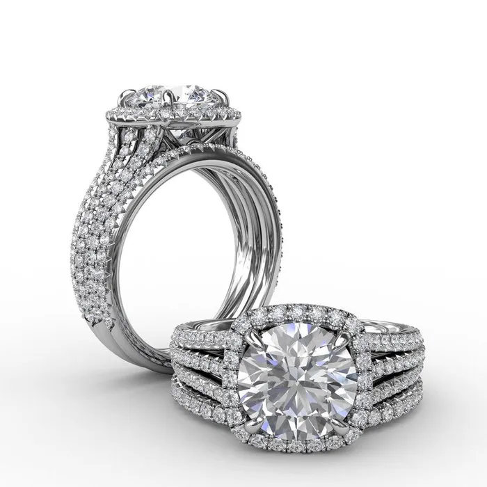 Round Diamond Engagement Ring With CushionShaped Halo and TripleRow Diamond Band FANA Rings Round Diamond Engagement Ring With CushionShaped Halo and TripleRow Diamond Band FANA Rings