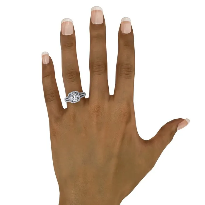 Round Diamond Engagement Ring With CushionShaped Halo and TripleRow Diamond Band FANA Rings Round Diamond Engagement Ring With CushionShaped Halo and TripleRow Diamond Band FANA Rings