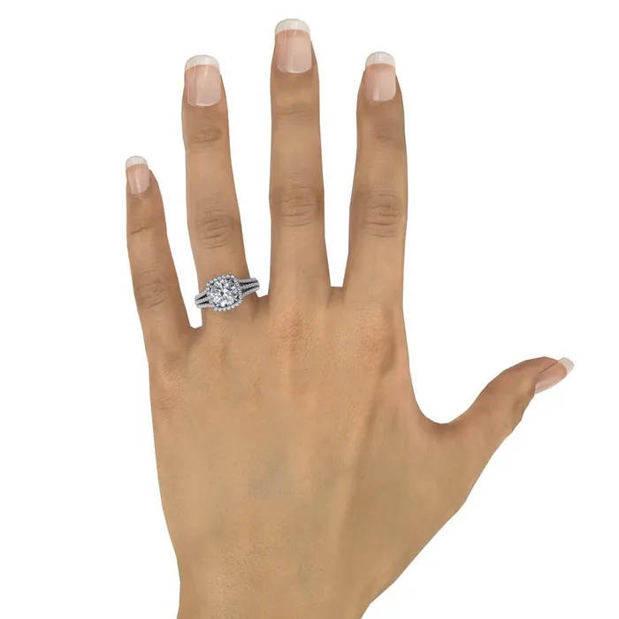Round Diamond Engagement Ring With CushionShaped Halo and TripleRow Diamond Band FANA Rings Round Diamond Engagement Ring With CushionShaped Halo and TripleRow Diamond Band FANA Rings