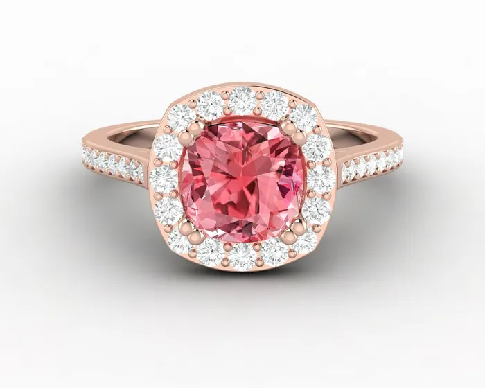 Sapheena Jewelry Rings Aureola 20 Ct Cushion Cut Halo Chatham Champagne Peach Sapphire Engagement Ring with Side Stones Sapheena Jewelry Rings Aureola 20 Ct Cushion Cut Halo Chatham Champagne Peach Sapphire Engagement Ring with Side Stones