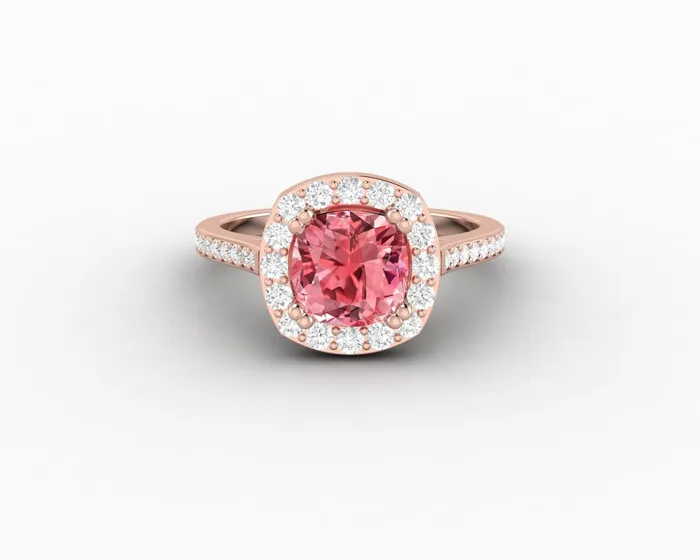 Sapheena Jewelry Rings Aureola 20 Ct Cushion Cut Halo Chatham Champagne Peach Sapphire Engagement Ring with Side Stones