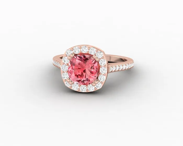 Sapheena Jewelry Rings Aureola 20 Ct Cushion Cut Halo Chatham Champagne Peach Sapphire Engagement Ring with Side Stones