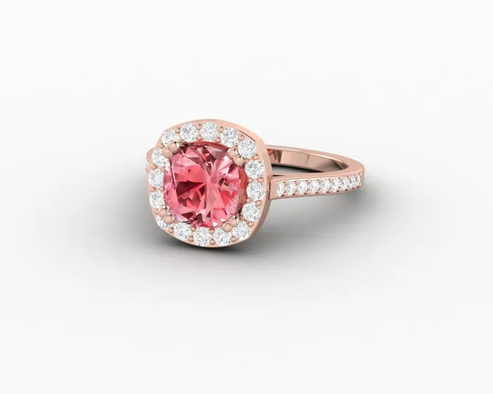 Sapheena Jewelry Rings Aureola 20 Ct Cushion Cut Halo Chatham Champagne Peach Sapphire Engagement Ring with Side Stones