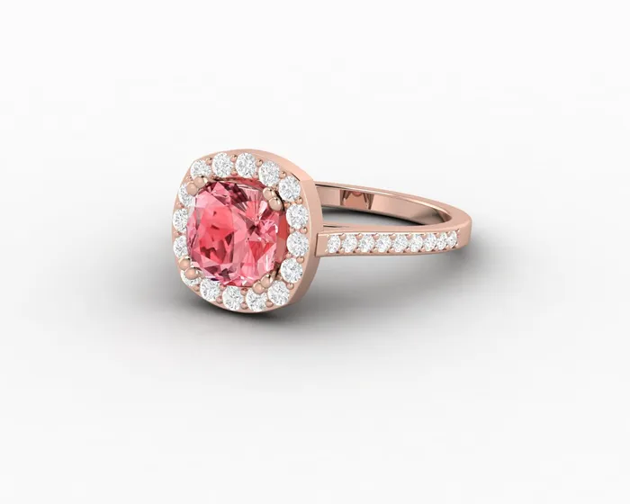 Sapheena Jewelry Rings Aureola 20 Ct Cushion Cut Halo Chatham Champagne Peach Sapphire Engagement Ring with Side Stones