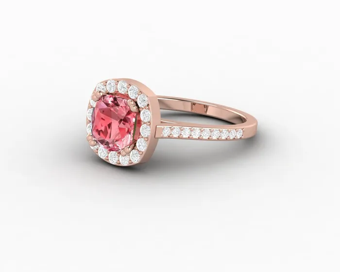Sapheena Jewelry Rings Aureola 20 Ct Cushion Cut Halo Chatham Champagne Peach Sapphire Engagement Ring with Side Stones