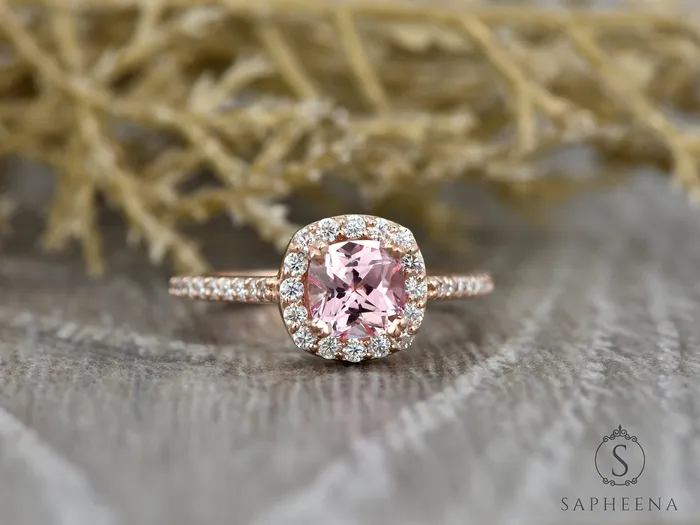 Sapheena Jewelry Rings Aureola 20 Ct Cushion Cut Halo Chatham Champagne Peach Sapphire Engagement Ring with Side Stones