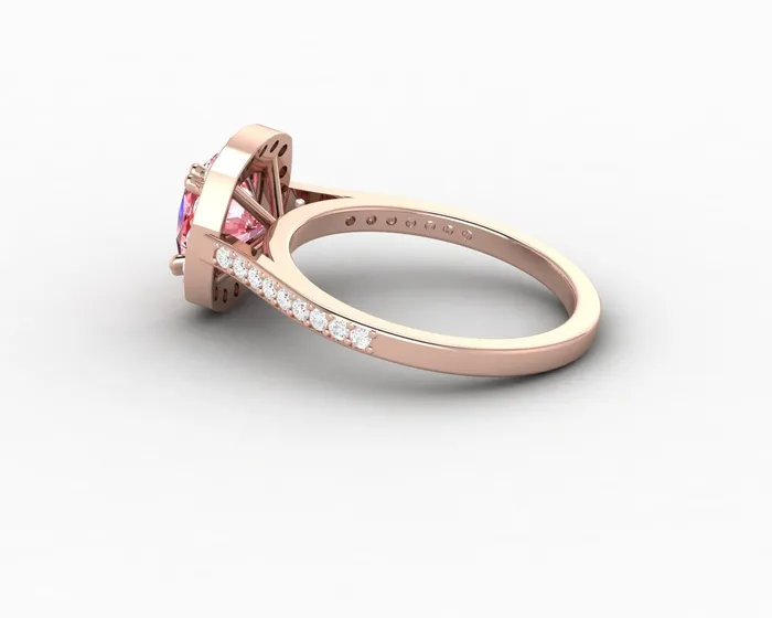 Sapheena Jewelry Rings Aureola 20 Ct Cushion Cut Halo Chatham Champagne Peach Sapphire Engagement Ring with Side Stones
