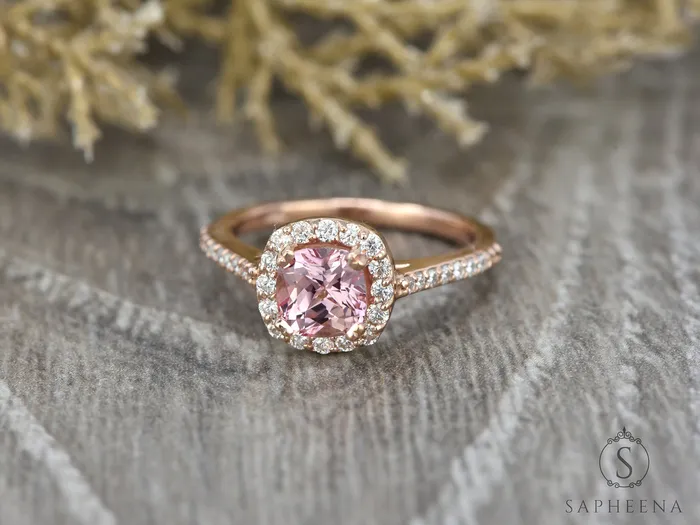Sapheena Jewelry Rings Aureola 20 Ct Cushion Cut Halo Chatham Champagne Peach Sapphire Engagement Ring with Side Stones