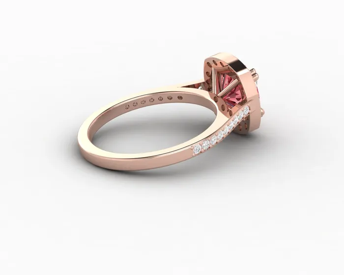 Sapheena Jewelry Rings Aureola 20 Ct Cushion Cut Halo Chatham Champagne Peach Sapphire Engagement Ring with Side Stones