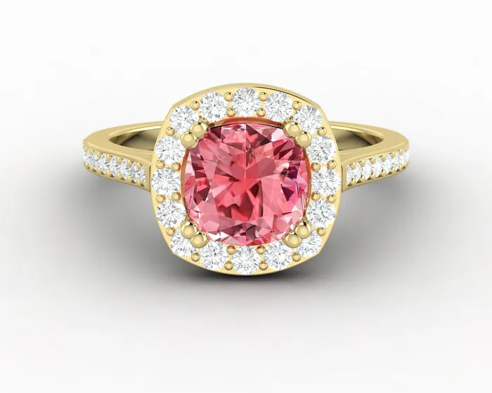 Sapheena Jewelry Rings Aureola 20 Ct Cushion Cut Halo Chatham Champagne Peach Sapphire Engagement Ring with Side Stones