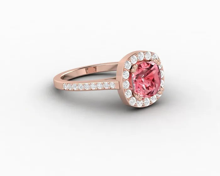 Sapheena Jewelry Rings Aureola 20 Ct Cushion Cut Halo Chatham Champagne Peach Sapphire Engagement Ring with Side Stones
