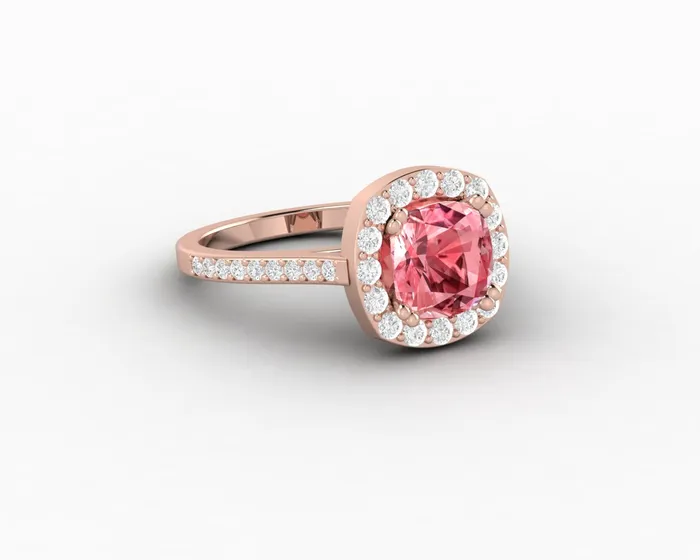 Sapheena Jewelry Rings Aureola 20 Ct Cushion Cut Halo Chatham Champagne Peach Sapphire Engagement Ring with Side Stones