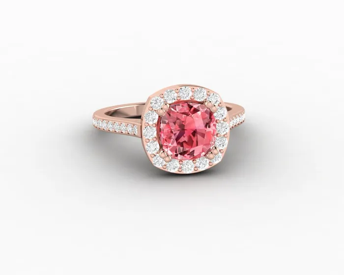 Sapheena Jewelry Rings Aureola 20 Ct Cushion Cut Halo Chatham Champagne Peach Sapphire Engagement Ring with Side Stones