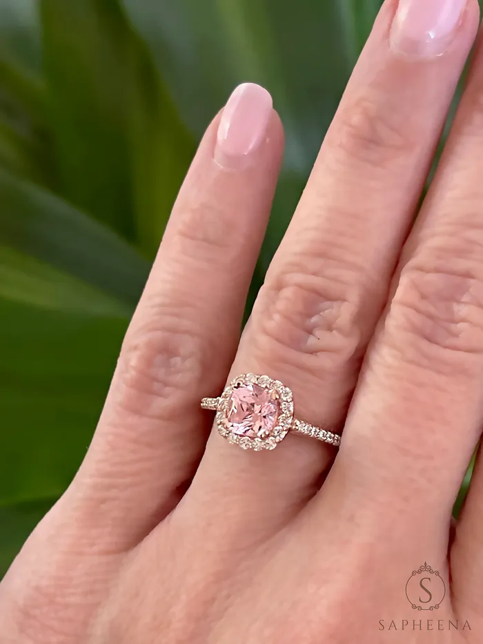 Sapheena Jewelry Rings Aureola 20 Ct Cushion Cut Halo Chatham Champagne Peach Sapphire Engagement Ring with Side Stones