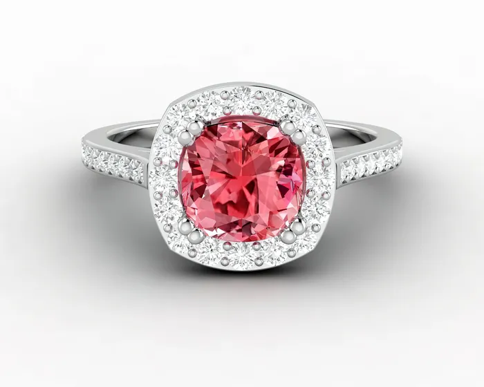 Sapheena Jewelry Rings Aureola 20 Ct Cushion Cut Halo Chatham Champagne Peach Sapphire Engagement Ring with Side Stones