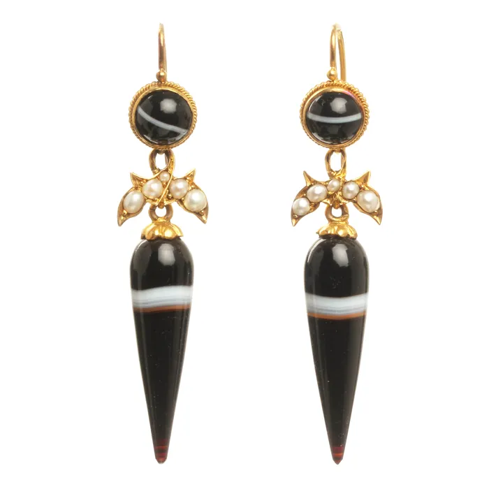 Victorian Era Banded Agate Amphora Drop Earrings Bell Bird Antiques Earrings