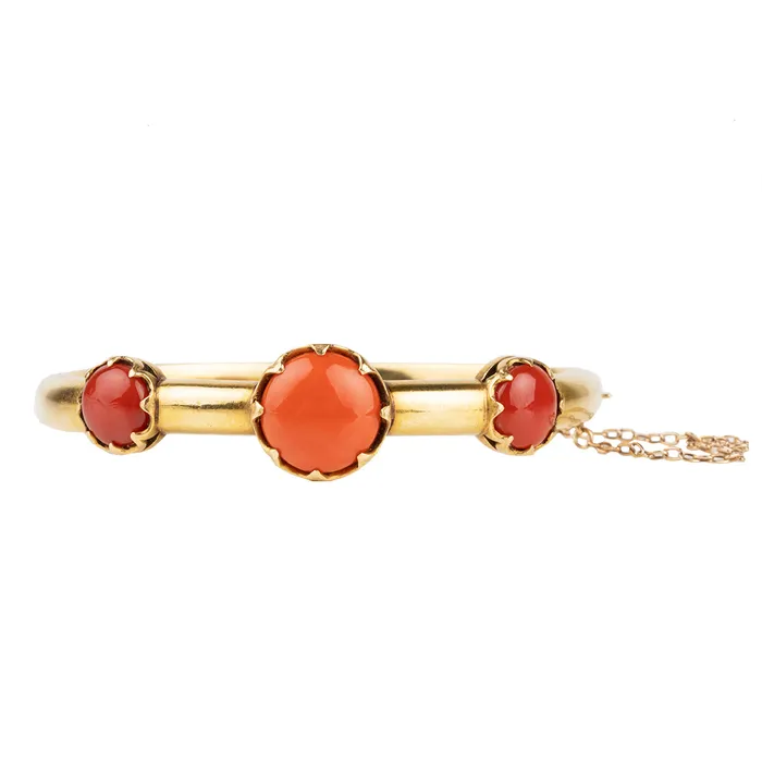 Victorian Era Coral and Gold Bangle Bracelet Bell Bird Antiques Bracelets