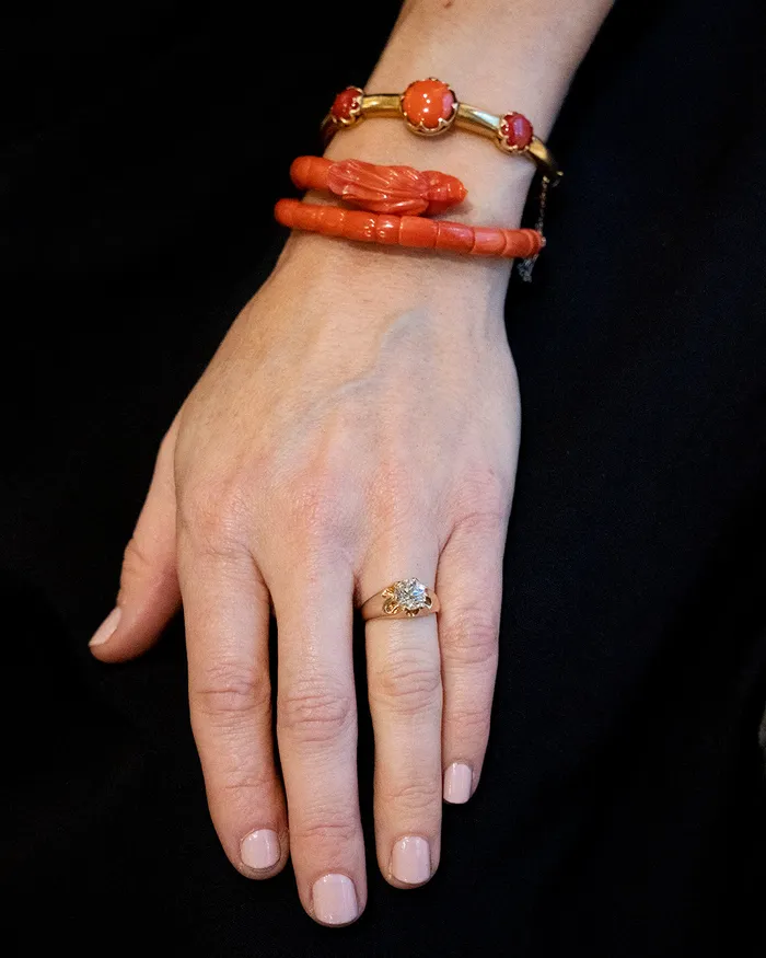 Victorian Era Coral and Gold Bangle Bracelet Bell Bird Antiques Bracelets