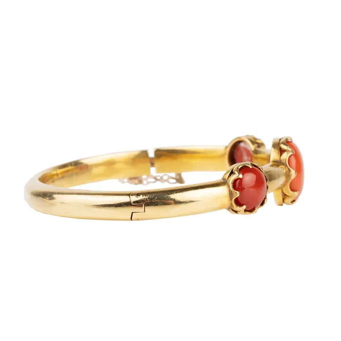 Victorian Era Coral and Gold Bangle Bracelet Bell Bird Antiques Bracelets