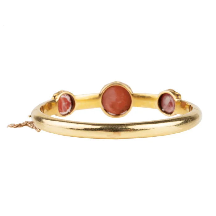 Victorian Era Coral and Gold Bangle Bracelet Bell Bird Antiques Bracelets