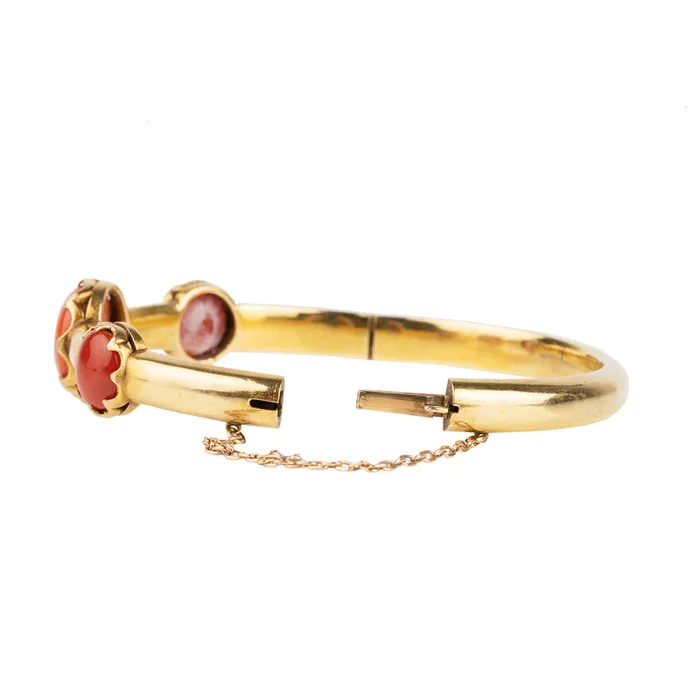 Victorian Era Coral and Gold Bangle Bracelet Bell Bird Antiques Bracelets