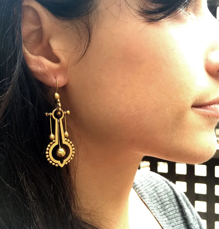Victorian Long Gold Earrings Bell Bird Antiques Earrings