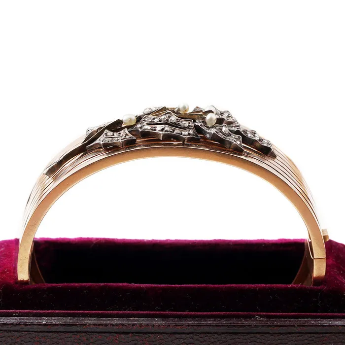 Victorian Rose Cut Diamond Pearl Bangle Bell Bird Antiques Bracelets